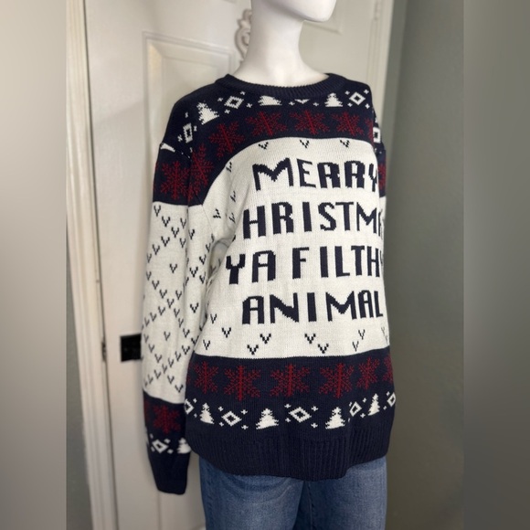 Ugly Christmas Sweater Mens M Blue/White/ Red Acrylic Merry Christmas. - Picture 1 of 10